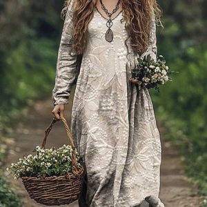 Women Floral V Neck Long Sleeve Comfy Casual Maxi Dress, Dresses, color:Apricot|size:XXL, catalog Noracora shop