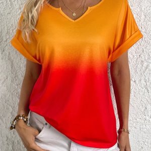 Ombre Notched Casual Shirt, Blouses, color:Yellow|size:XXL, catalog Noracora shop