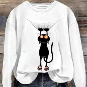 Casual Crew Neck Cat Sweatshirt, Hoodies & Sweatshirts, color:White|size:3XL, catalog Noracora shop
