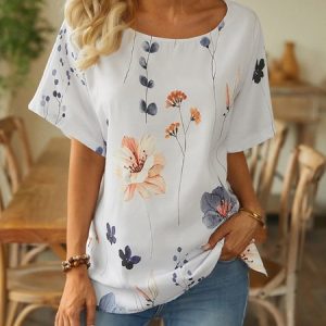 Casual Printing Loose Crew Neck Shirt, Blouses, color:Multicolor|size:XXL, catalog Noracora shop