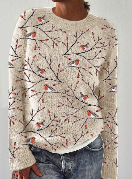 Women's Spring/Fall Animal Casual Long Sleeve Crew Neck Wool/Knitting Floral Sweater, JustFashionNow Sweaters, color:Apricot|size:5XL,
