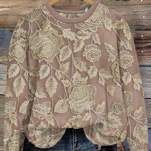 Casual Crew Neck Floral Sweatshirt, Hoodies & Sweatshirts, color:Khaki|size:XXL, catalog Noracora shop