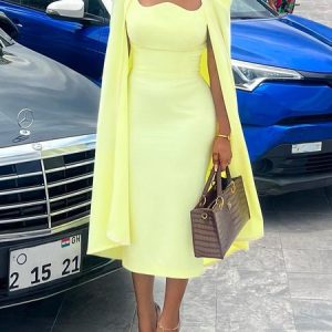 Elegant Plain Shoulder Pad Mock Two-Piece Midi Dress, Midi Dresses, color:Yellow|size:XXL, Stylewe