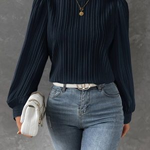 Crew Neck Long Sleeve Plain Regular Micro-Elasticity Loose Blouse For Women, Blouses, color:Navy Blue|size:XL, catalog Noracora shop