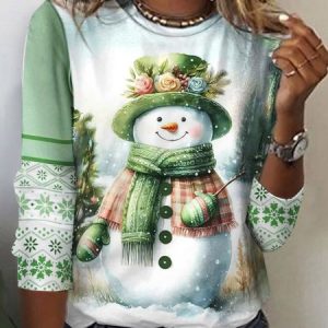 Christmas Snowman Design Round Neck Casual T-Shirt, Long sleeves, Lilicloth.com