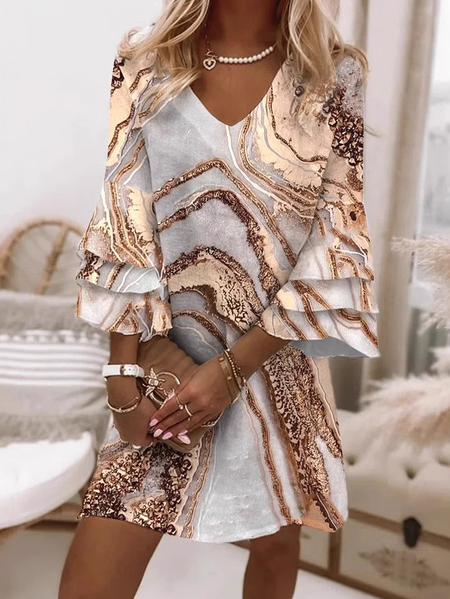 Women Geometric Three Quarter Sleeve Spring/Fall Dress V Neck Daily Casual Mini H-Line Dress, JustFashionNow Dresses, color:Khaki|size:5XL,