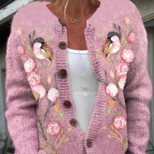 Women Knitted Floral Long Sleeve Comfy Casual Cardigan, Outerwear, color:Pink|size:5XL, catalog Noracora shop