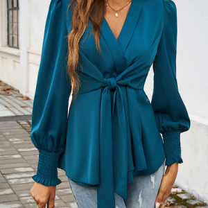 V Neck Long Sleeve Plain Regular Micro-Elasticity Loose Blouse For Women, Blouses, color:Green|size:XL, catalog Noracora shop