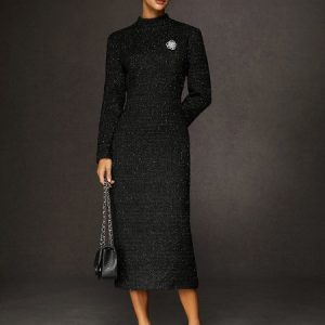 Urban Mock Neck Tweed Dressпј€without broochпј‰, Midi Dresses, color:Black|size:XXL, Stylewe