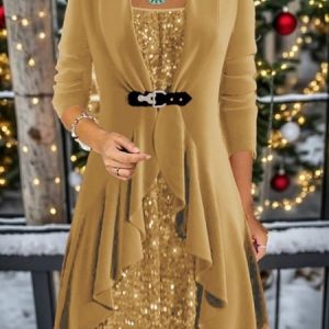 Women's Long Sleeve Spring/Fall Christmas Velvet Dress Crew Neck Daily Going Out Casual Maxi H-Line, JustFashionNow Dresses, color:Khaki|size:3XL,