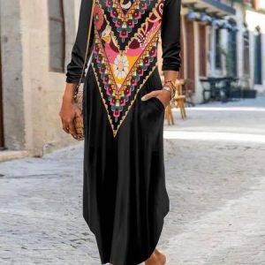 Women Ethnic Crew Neck Long Sleeve Comfy Casual Maxi Dress, Dresses, color:Black|size:XXL, catalog Noracora shop
