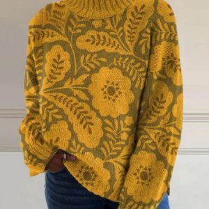 Women Wool/Knitting Floral Long Sleeve Comfy Casual Sweater, Sweaters, color:Mustard|size:XXL, catalog Noracora shop
