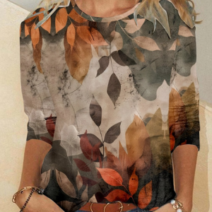 Casual Leaf Crew Neck Long Sleeve T-shirt, T-shirts, color:Multicolor|size:4XL, catalog Noracora shop