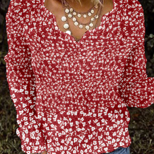 V Neck Long Sleeve Floral Regular Micro-Elasticity Loose Blouse For Women, Blouses, color:Red|size:XXL, catalog Noracora shop