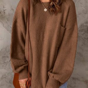 Women Yarn/Wool Yarn Plain Long Sleeve Comfy Casual Sweater, Sweaters, color:Brown|size:XL, catalog Noracora shop