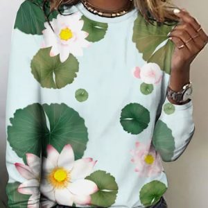Casual Floral Crew Neck Long Sleeve T-shirt, T-shirts, color:White|size:4XL, catalog Noracora shop