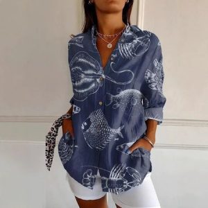 Shirt Collar Long Sleeve Striped Regular Loose Shirt For Women, Shirts, color:Deep Blue|size:5XL, catalog Noracora shop