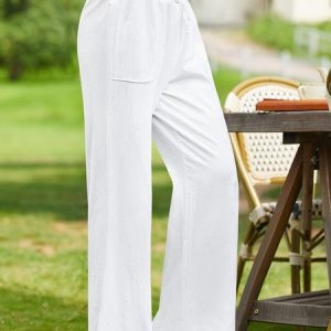Women Plain Summer Casual Natural No Elasticity Loose Wide leg pants Cotton Long Casual Pants, Pants, color:White|size:5XL, catalog Noracora shop