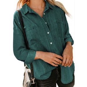 Shirt Collar Long Sleeve Plain Regular Loose Shirt For Women, Shirts, color:darkgreen|size:3XL, catalog Noracora shop