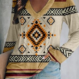 Vintage Ethnic Geometry V Neck Long Sleeve T-shirt, T-shirts, color:Beige|size:4XL, catalog Noracora shop