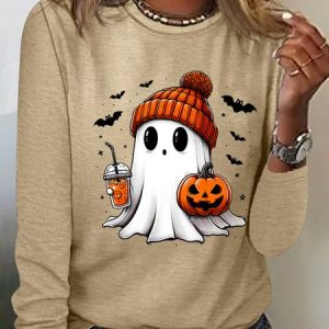 Casual Halloween Crew Neck Long Sleeve T-shirt, T-shirts, color:Khaki|size:3XL, catalog Noracora shop