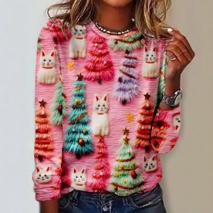 Casual Floral Crew Neck Long Sleeve T-shirt, T-shirts, color:Pink|size:5XL, catalog Noracora shop