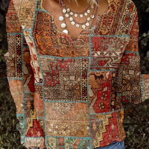 Vintage Nationality/ethnic V Neck Long Sleeve T-shirt, T-shirts, color:Khaki|size:XXL, catalog Noracora shop