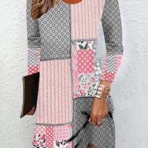 Women Floral Crew Neck Long Sleeve Comfy Casual Mini Dress, Dresses, color:Pink|size:XXL, catalog Noracora shop