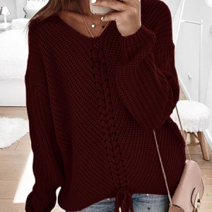 Women Yarn/Wool Yarn Color Block Long Sleeve Comfy Casual Sweater, Sweaters, color:Wine Red|size:3XL, catalog Noracora shop