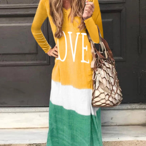 Women Color Block Crew Neck Long Sleeve Comfy Casual Maxi Dress, Dresses, color:Yellow|size:5XL, catalog Noracora shop