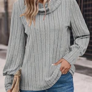 Turtleneck Long Sleeve Plain Regular Micro-Elasticity Loose Blouse For Women, Blouses, color:Gray|size:XXL, catalog Noracora shop