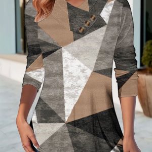 Casual Abstract V Neck Long Sleeve T-shirt, T-shirts, color:Khaki|size:3XL, catalog Noracora shop