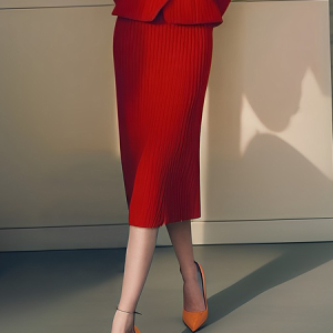 Medium Elasticity Regular Fit Plain Elegant Midi Sweater Skirt, Skirts, color:Red|size:XXL, Stylewe