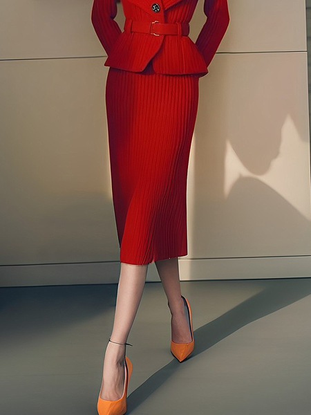 Medium Elasticity Regular Fit Plain Elegant Midi Sweater Skirt, Skirts, color:Red|size:XXL, Stylewe