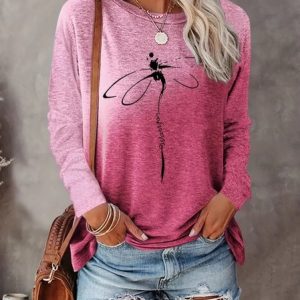 Casual Color Block Crew Neck Long Sleeve T-shirt, T-shirts, color:Pink|size:XL, catalog Noracora shop