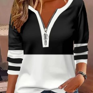 Crew Neck Long Sleeve Color Block Hot Drilling Regular Micro-Elasticity Loose Blouse For Women, Blouses, color:Black|size:XXL, catalog Noracora shop