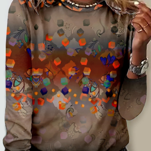Casual Geometric Crew Neck Long Sleeve T-shirt, T-shirts, color:Gray|size:4XL, catalog Noracora shop