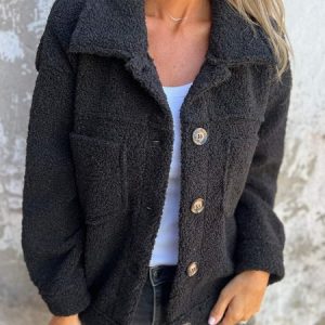 Women's Plain Shirt Jacket Buttoned Thicken Loose Teddy Jacket, Coats, color:Black|size:3XL, catalog Noracora shop