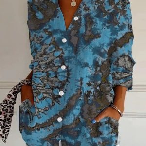 Shirt Collar Long Sleeve Abstract Regular Loose Shirt For Women, Shirts, color:Blue|size:XXL, catalog Noracora shop