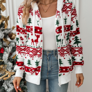 Women's Christmas Elk Regular Loose Jacket, Outerwear, color:White|size:XXL, catalog Noracora shop