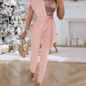 Contrast Sequin One Shoulder Jumpsuit Tied Detail Sleeveless Romper, women Jumpsuits, ChicMe catalog