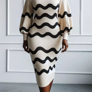 Medium Elasticity Stand Collar Balloon Sleeve Urban Tight Long Sleeve Geometric Sweater Dress, Midi Dresses, color:As Picture|size:XXL, Stylewe