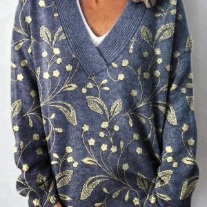 Women Yarn/Wool Yarn Floral Long Sleeve Comfy Casual Sweater, Sweaters, color:Blue|size:5XL, catalog Noracora shop
