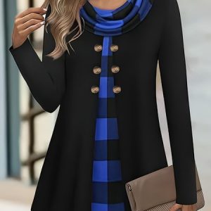 Crew Neck Long Sleeve Plaid Regular Micro-Elasticity Loose Blouse For Women, Blouses, color:Blue|size:5XL, catalog Noracora shop