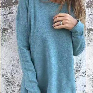 Crew Neck Long Sleeve Plain Regular Micro-Elasticity Loose TUNIC Blouse For Women, Blouses, color:Green|size:5XL, catalog Noracora shop