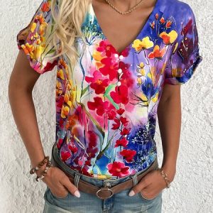 Casual Buttoned Floral Loose Shirt, Blouses, color:Blue|size:XXL, catalog Noracora shop