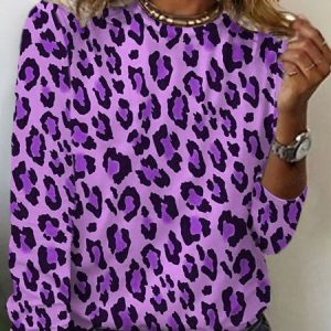 Women's Long Sleeve Tee T-shirt Spring/Fall Leopard Jersey Crew Neck Daily Going Out Casual Top, JustFashionNow T-Shirts, color:Purple|size:XXL