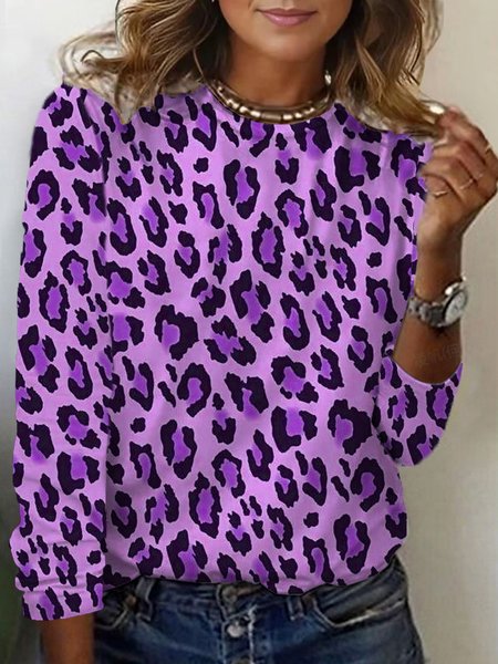 Women's Long Sleeve Tee T-shirt Spring/Fall Leopard Jersey Crew Neck Daily Going Out Casual Top, JustFashionNow T-Shirts, color:Purple|size:XXL