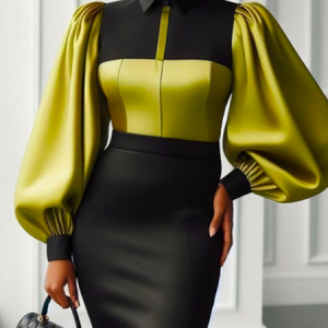 Urban Balloon Sleeve Color Block Shirt, Blouses and Shirts, color:As Picture|size:XXL, Stylewe