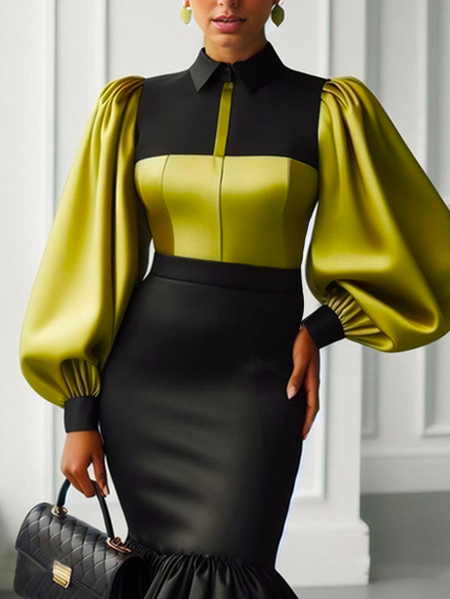 Urban Balloon Sleeve Color Block Shirt, Blouses and Shirts, color:As Picture|size:XXL, Stylewe
